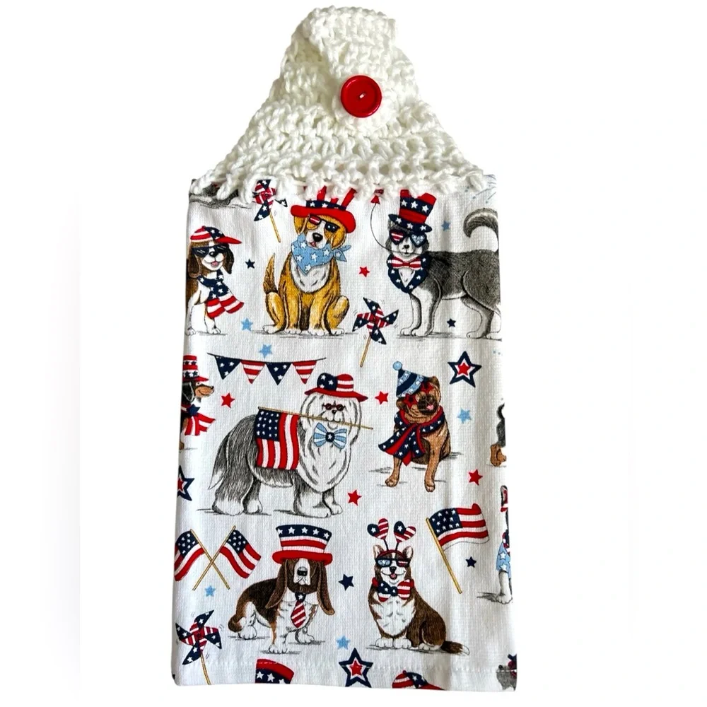 Hand Crafted Colorful Festive American Patriotic Dogs Hanging Kitchen Hand Towel